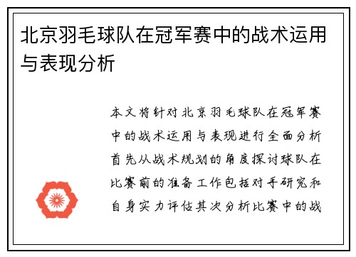 北京羽毛球队在冠军赛中的战术运用与表现分析