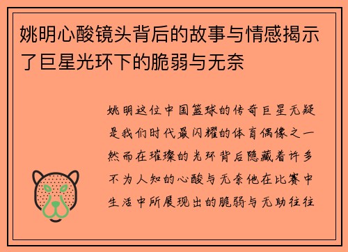 姚明心酸镜头背后的故事与情感揭示了巨星光环下的脆弱与无奈